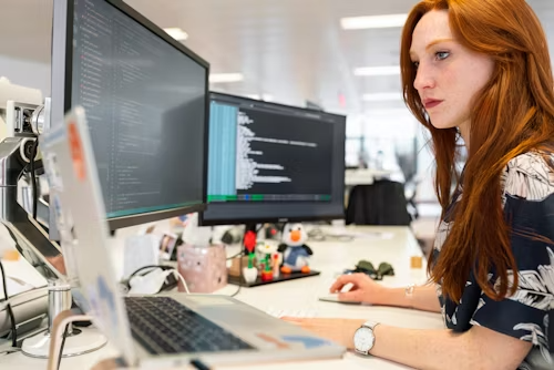 Female computer programmer in work station