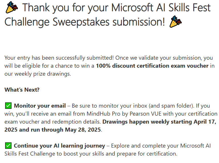 Confirmation page after entering Microsoft AI Challenge